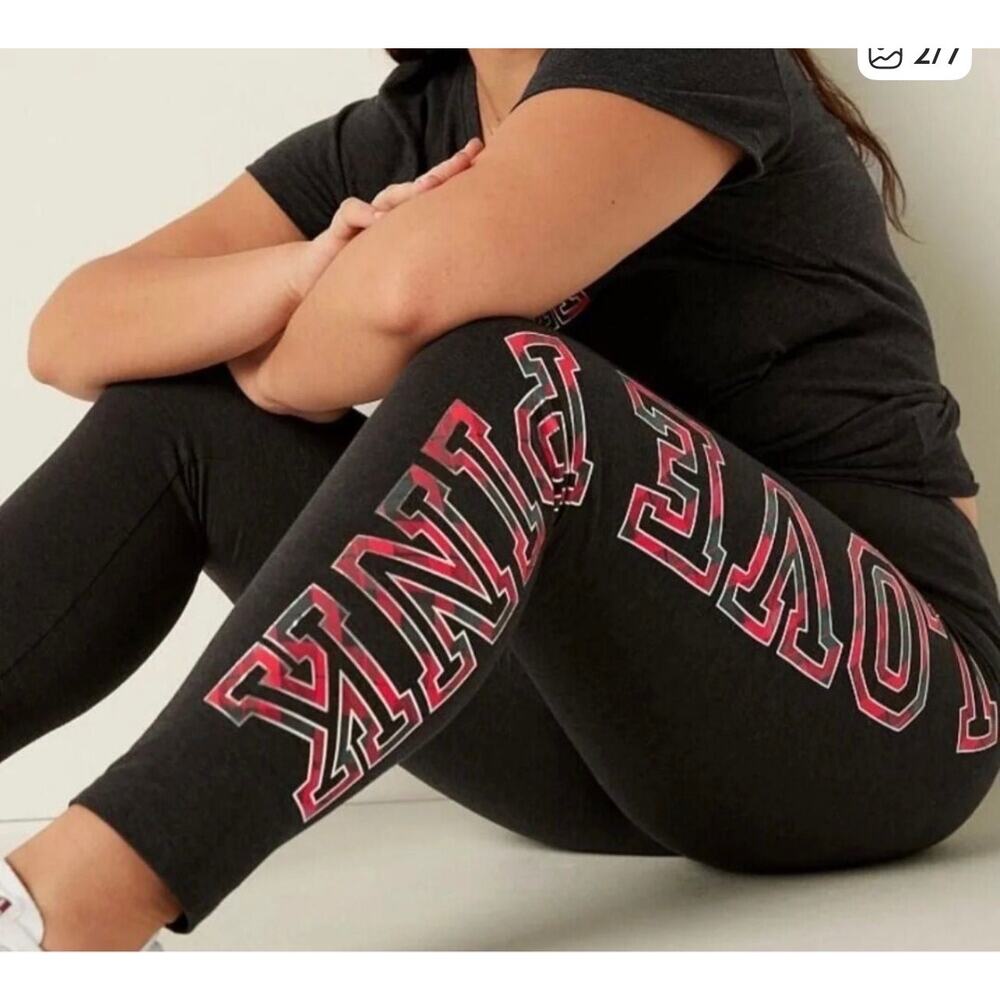 Victoria's Secret Pink Plaid High Waist Leggings Charcoal Gray Red Size M